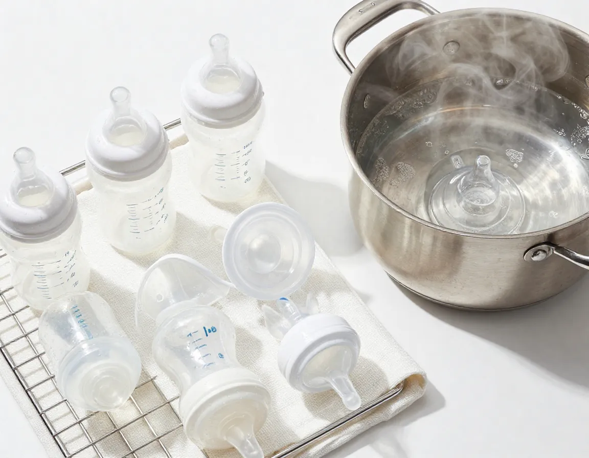 Sterilized kitten feeding bottles and nipples arranged beside boiling pot