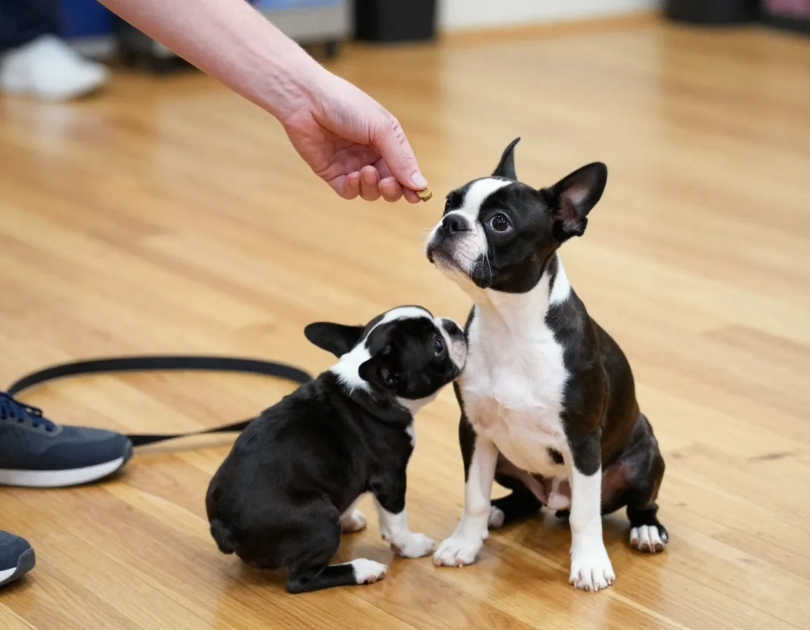 Boston terrier puppy learning basic obedience command