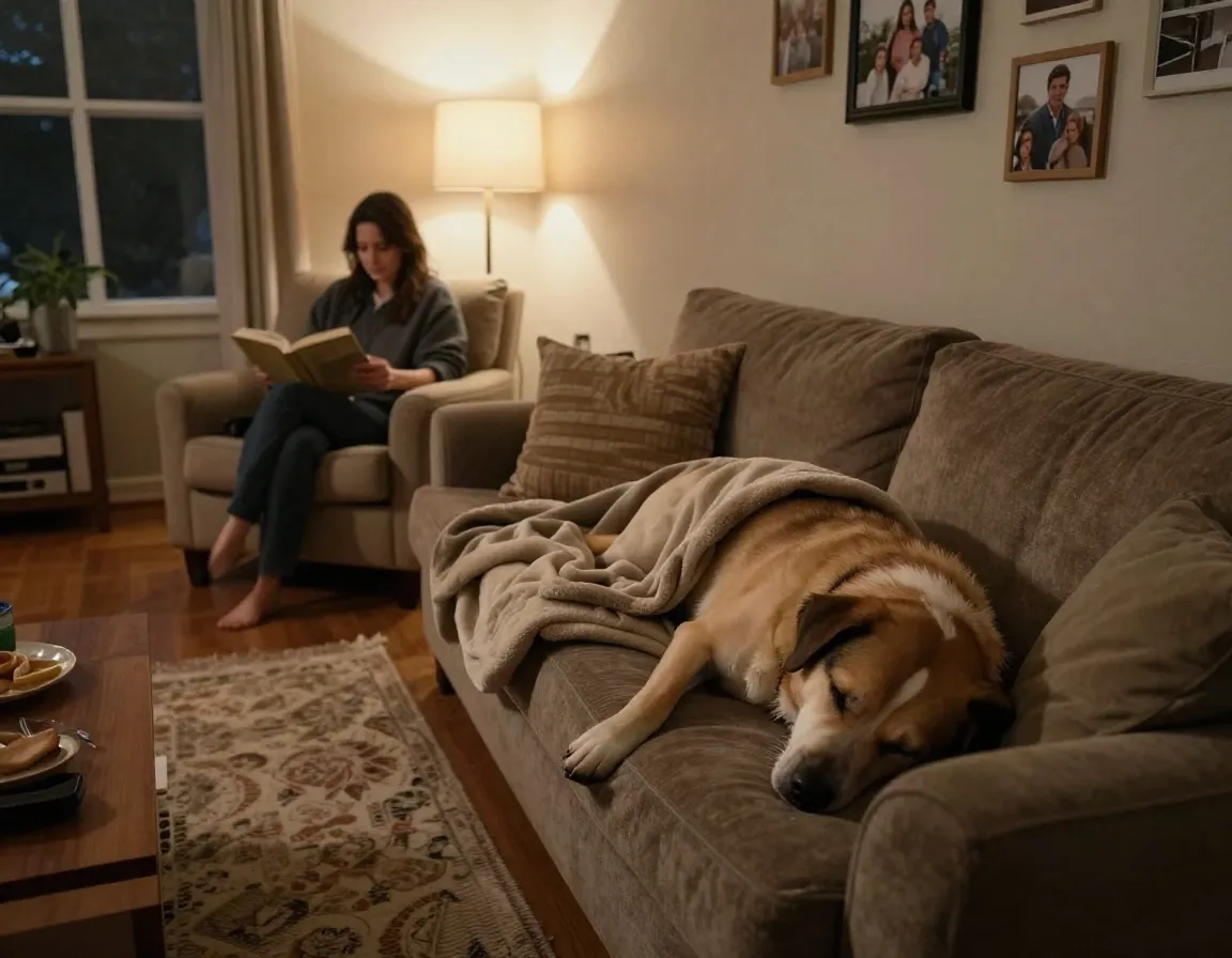 Dog sleeping on couch in cozy home setting with pet sitter