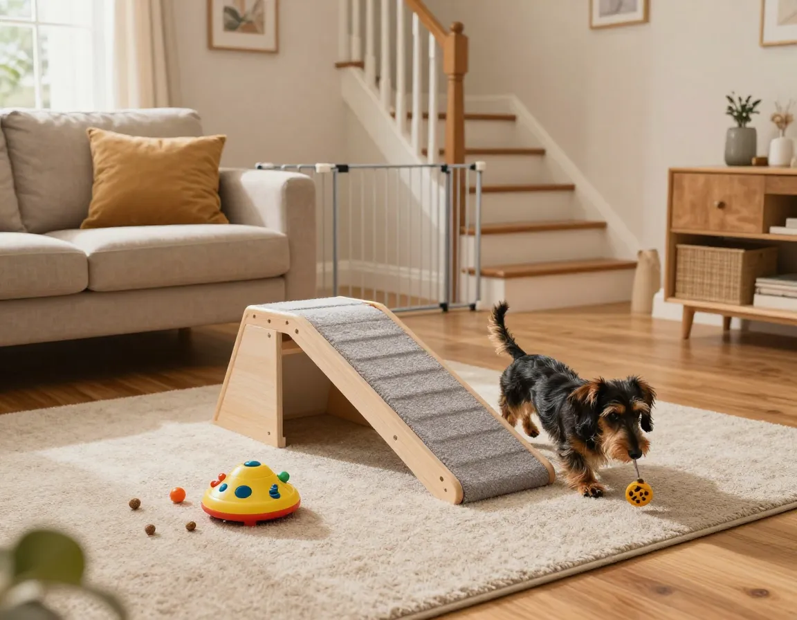 Home with pet ramp puzzle toy and gate for mini dachshund safety