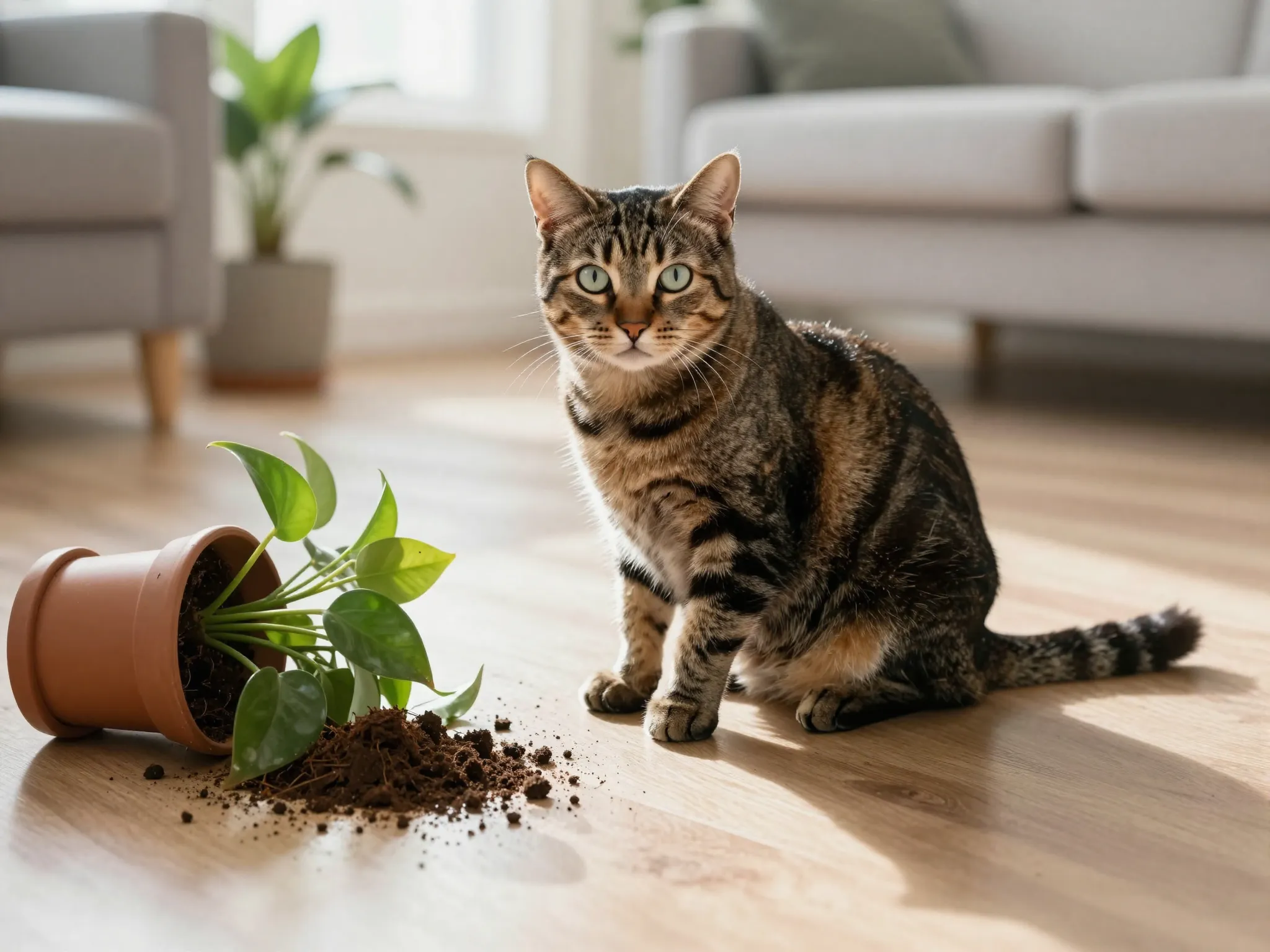 Innocent cat sitting beside knocked over houseplant crime scene