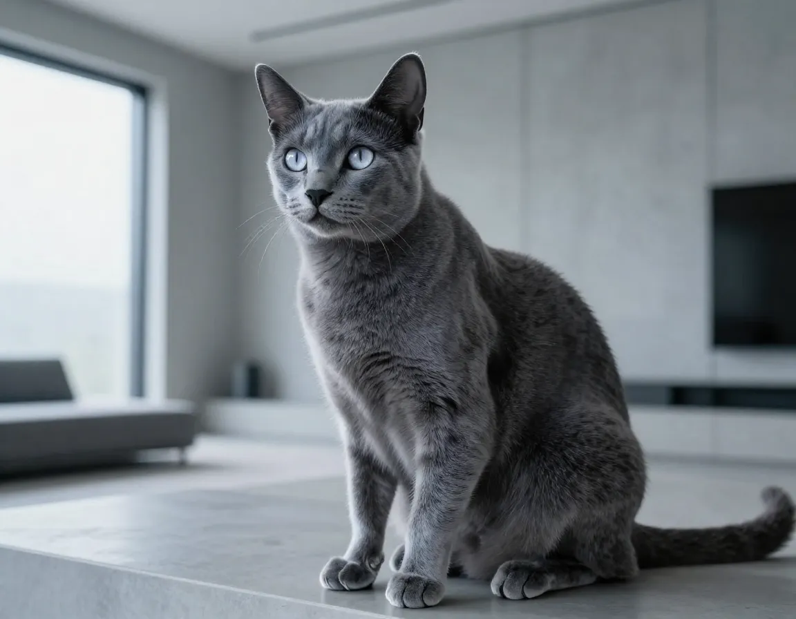 Silver gray eyed russian blue cat sophisticated modern interior