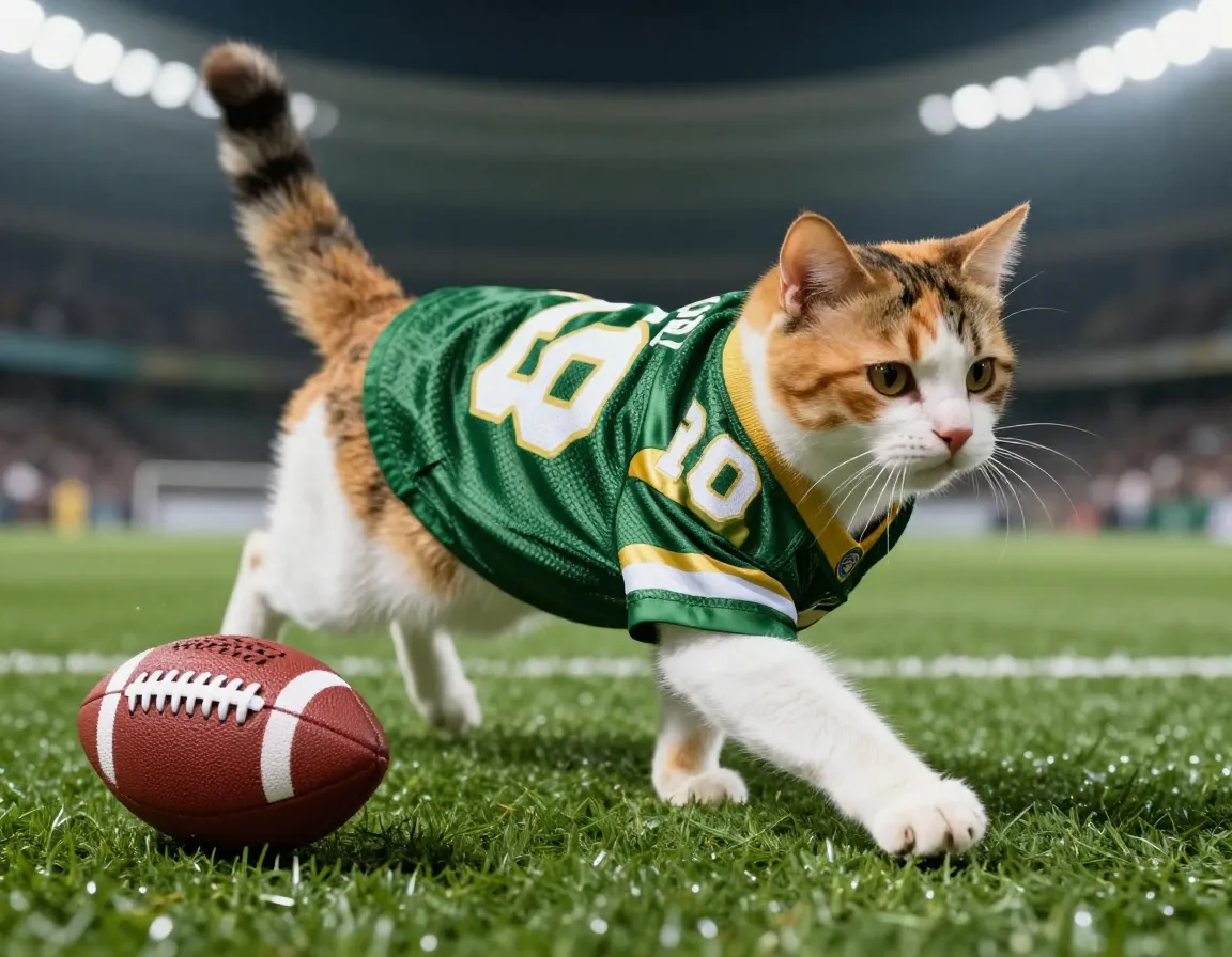 A calico cat wearing a miniature football jersey