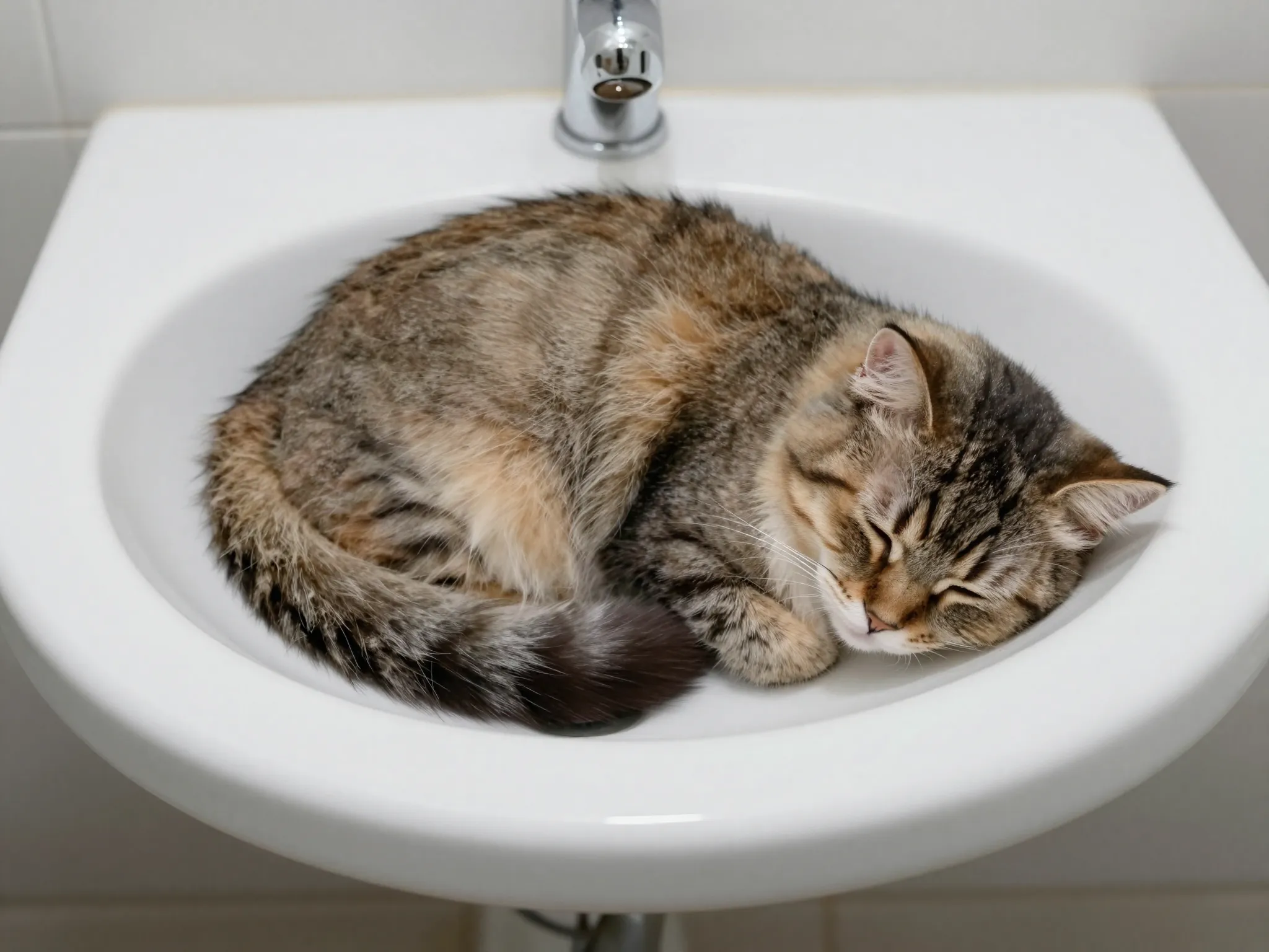 Cat contorted in uncomfortable sleep position inside bathroom sink