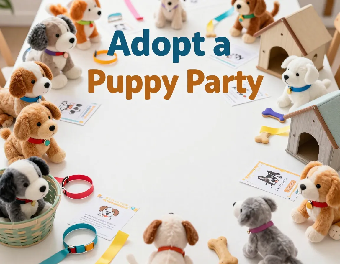 Plush puppies craft collars adoption certificates bright party table