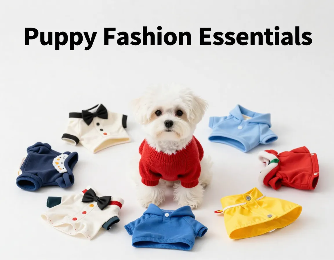 Small puppy surrounded by seven miniature adorable outfits