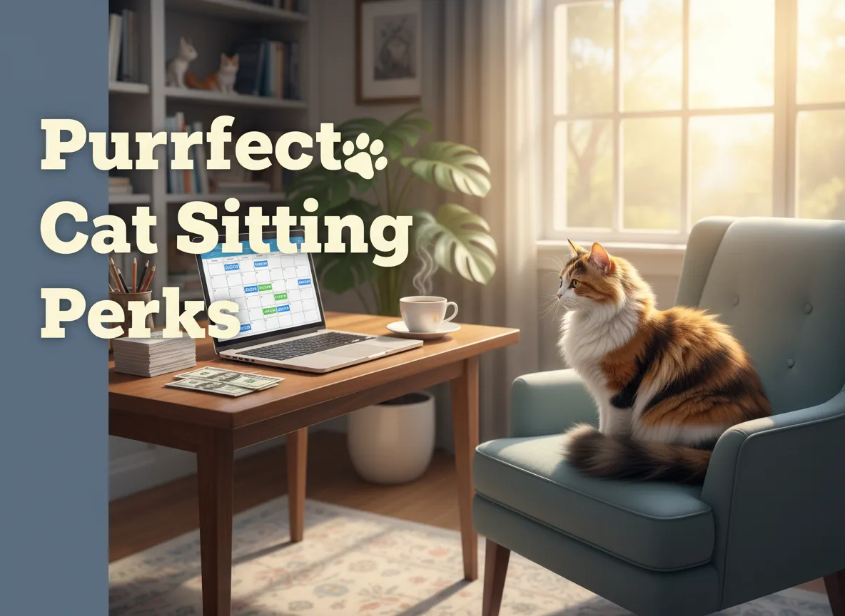 Successful cat sitting business home office setup with cat and laptop