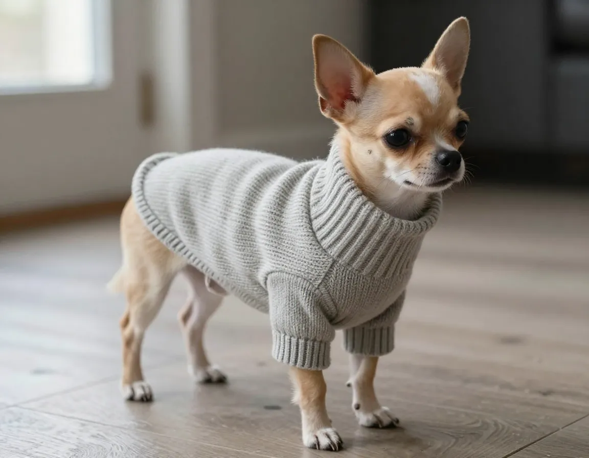 Chihuahua in soft ribbed cuff cotton sweater standing indoors