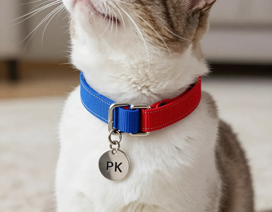 Classic breakaway safety collar with personalized charm on a cat