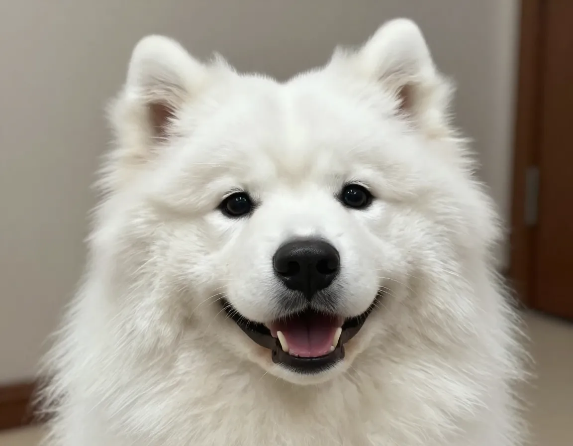 Close up portrait of a smiling samoyed dog with fluffy white coat