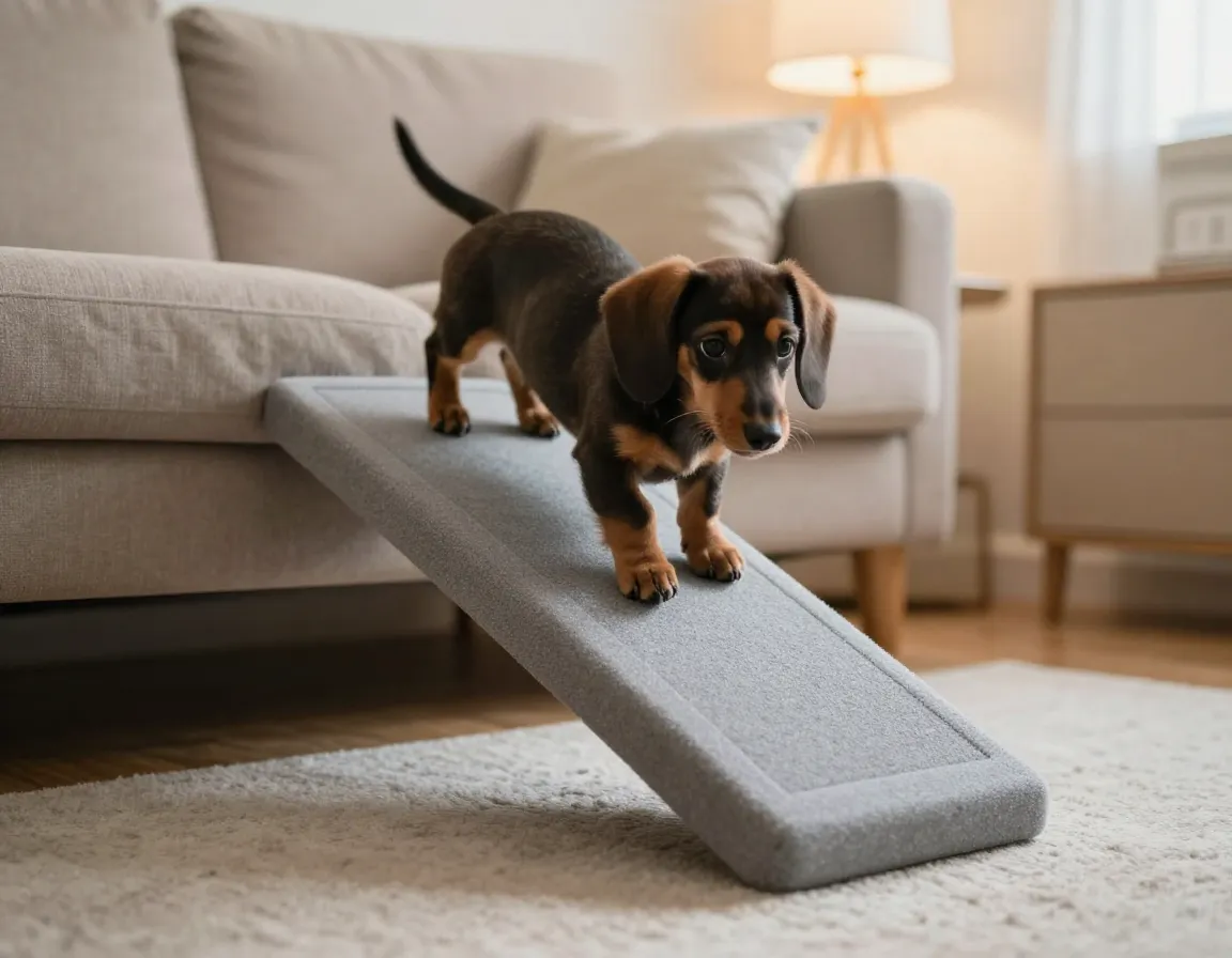 Dachshund puppy using a foam ramp to safely access a sofa