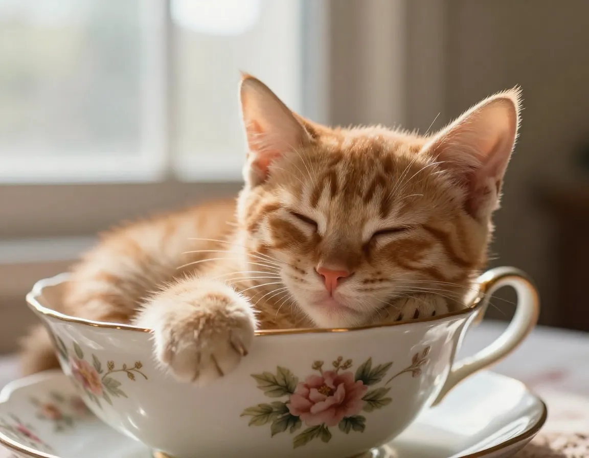 Tiny orange tabby kitten sleeping in floral teacup morning light