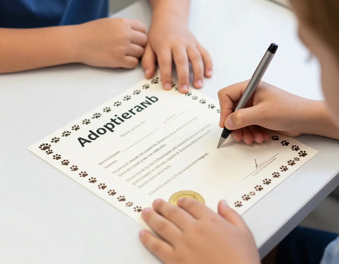 Child signing official adoption certificate desk paw print border