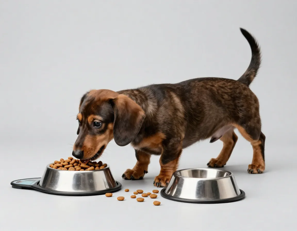 Disproportionate dachshund puppy with large paws eating from a measured food bowl