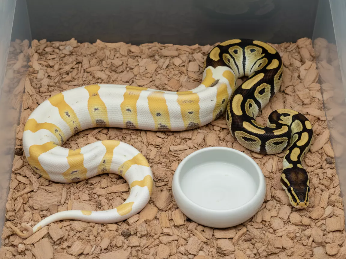 Piebald ball python white patches brown patterning on aspen beddings