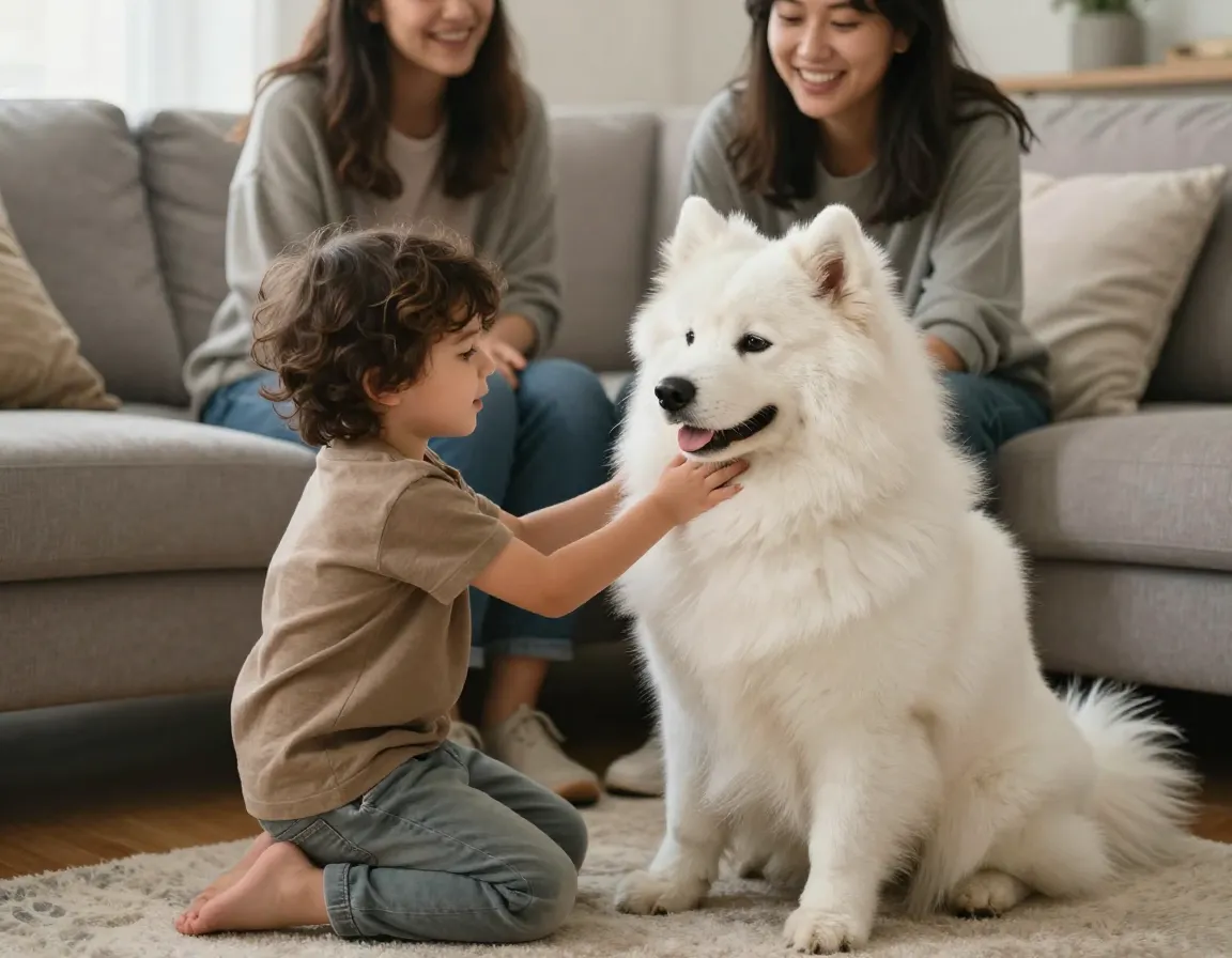 Samoyed dog gently interacting with child and adult in living room