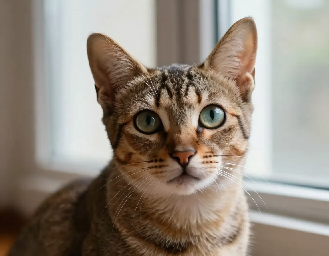 Singapura cat sitting alertly with large expressive eyes