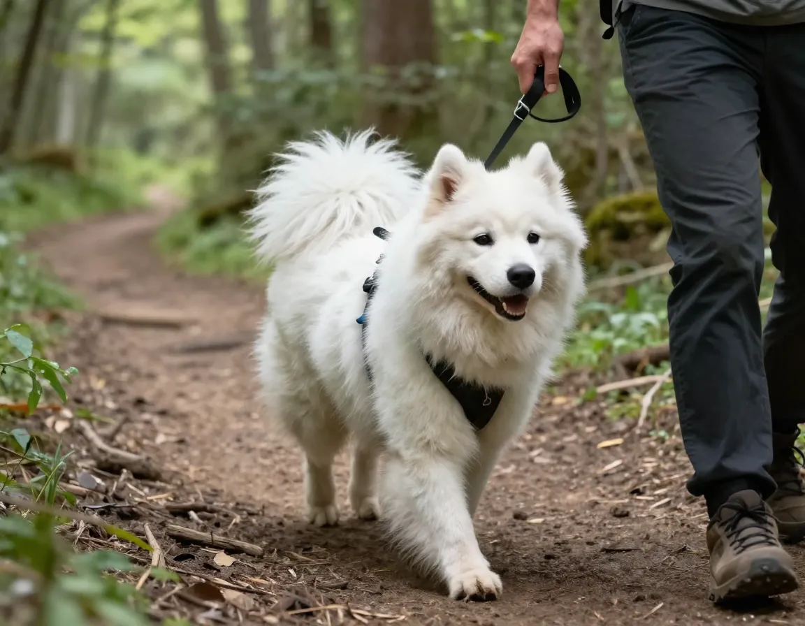 Adaptable samoyed dog on hiking trail with owner in nature