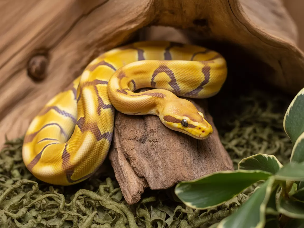 Banana ball python yellow purple blush on mossy woodland substrate
