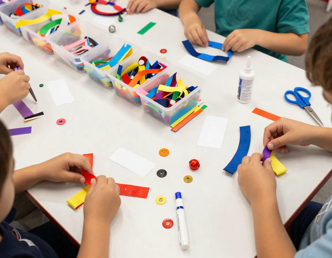 Children crafting colorful ribbon collars leashes craft station table