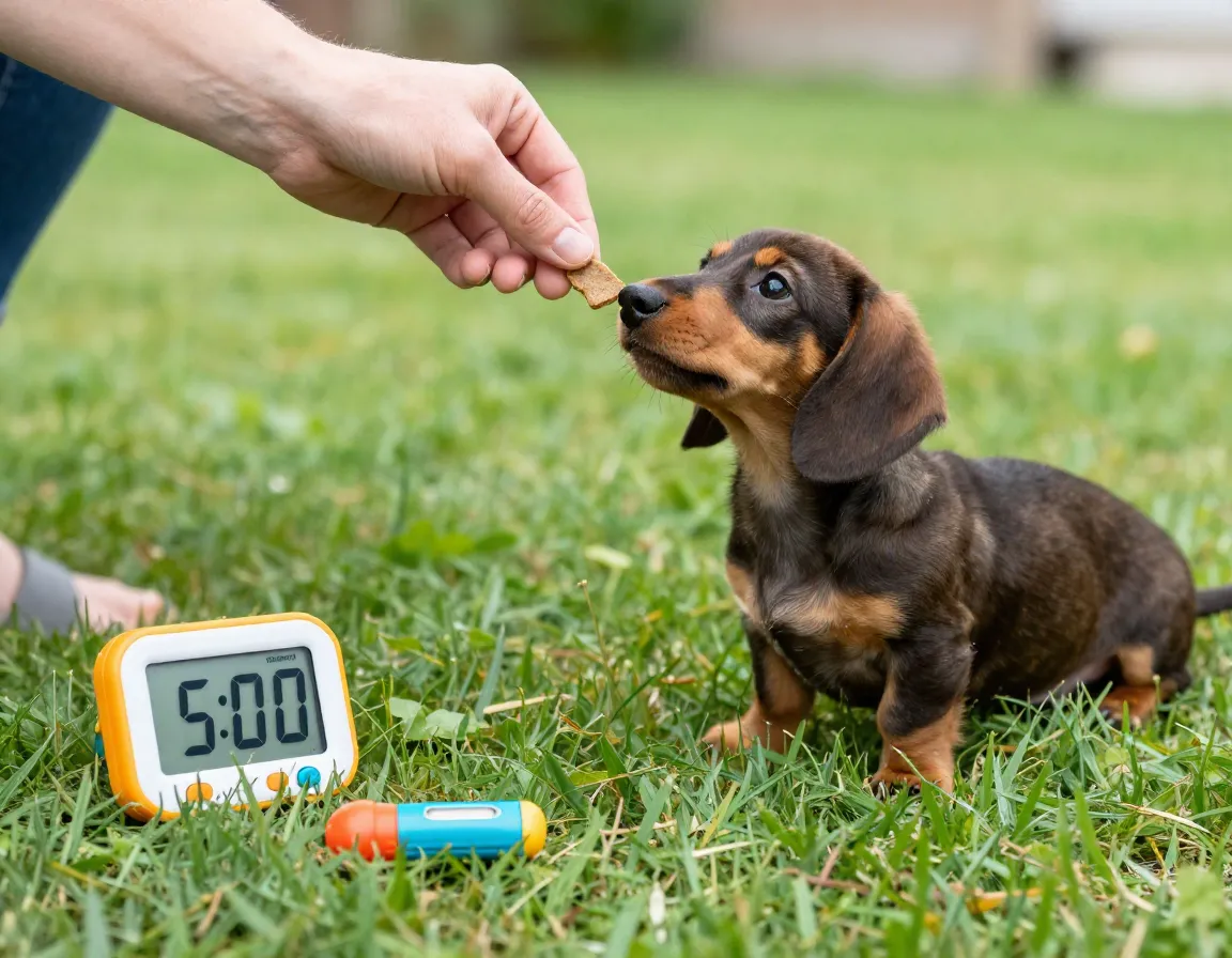 Dachshund puppy looking at a treat during a brief five minute training session