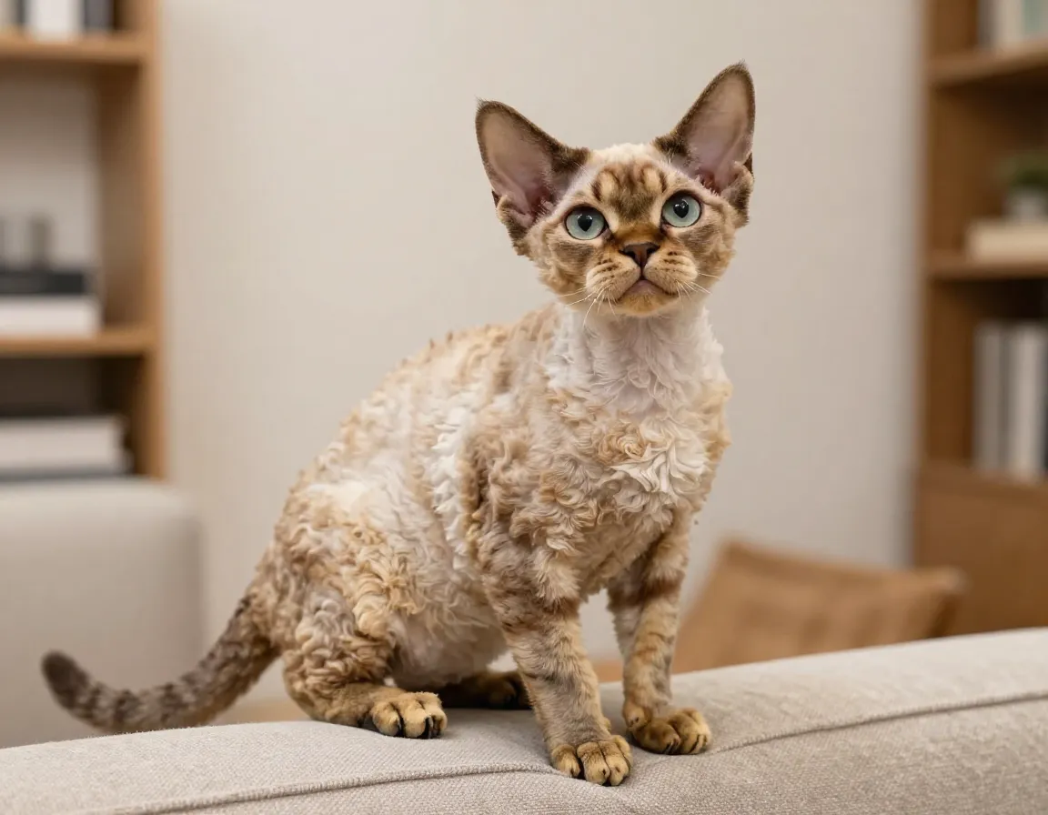 Devon rex cat with curly coat looking mischievous on couch