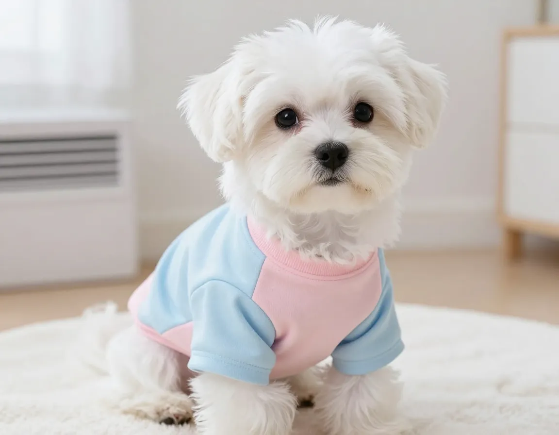 Small white puppy wearing a lightweight bamboo t shirt indoors