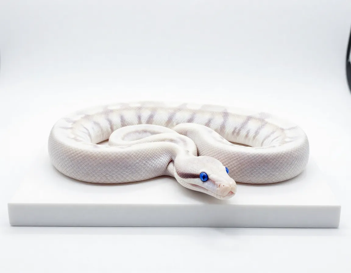 Blue eyed leucistic ball python white scales blue eyes on white background