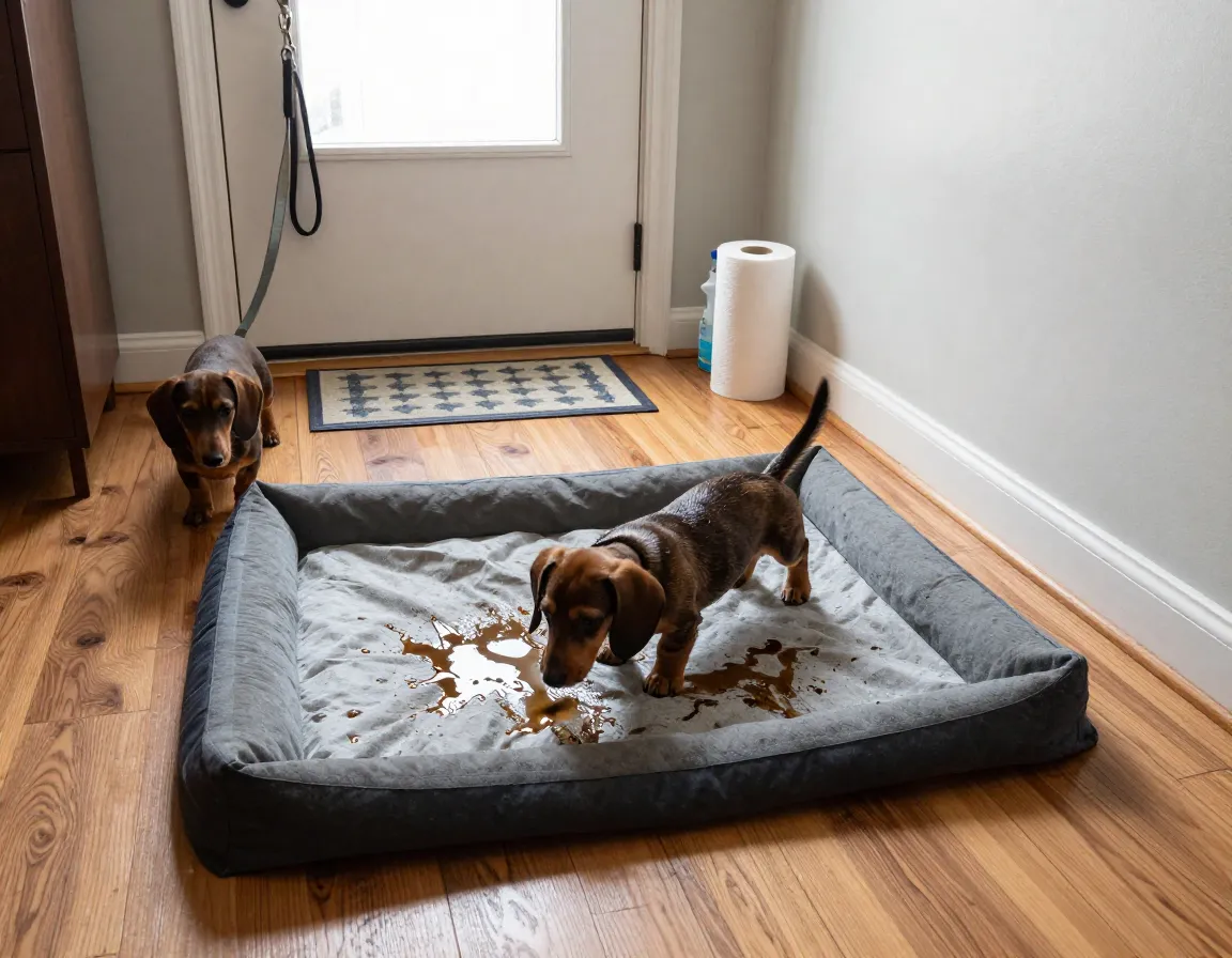 Dachshund puppy having an indoor accident on a puppy pad near a door