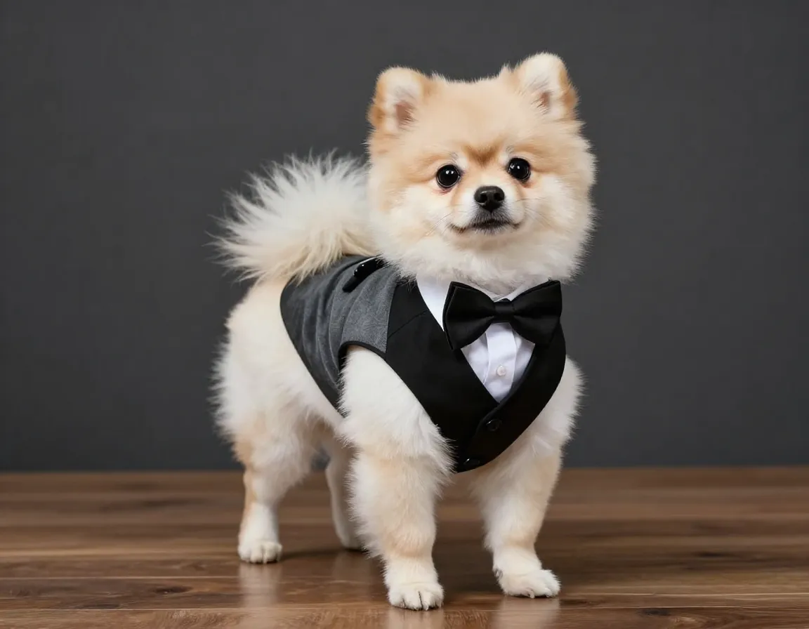 Formal small dog with black bow tie and vest for a wedding