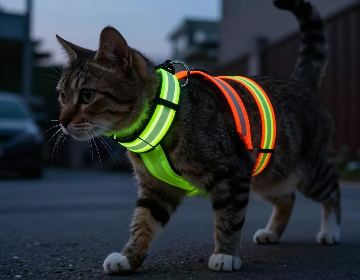 Reflective safety street style collar on a cat at dusk