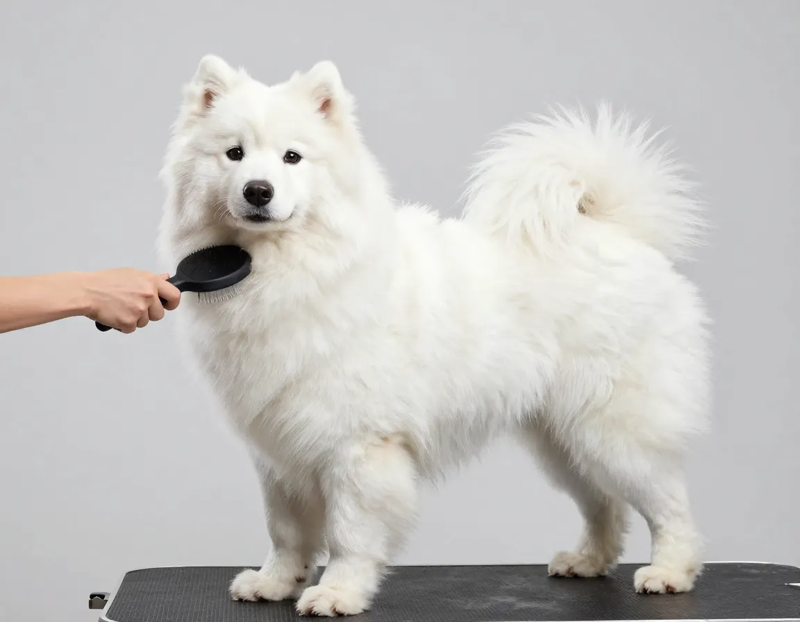 Samoyed dog striking beauty during grooming session with fluffy coat