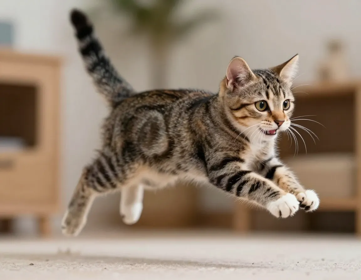 Tabby kitten mid leap pouncing playful dynamic action