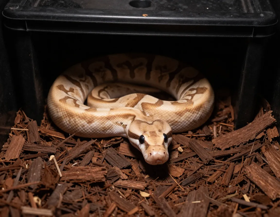 Champagne ball python tan brown pattern emerging from dark hide