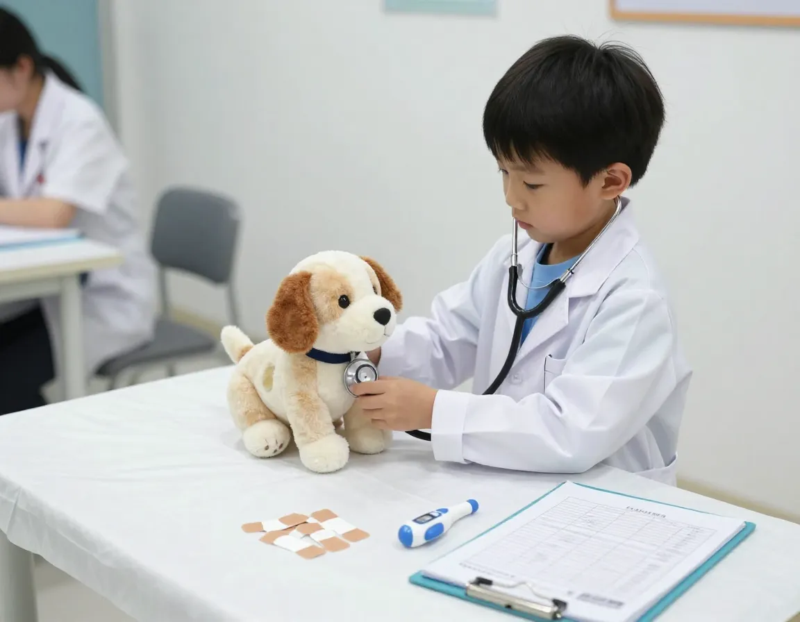 Child veterinarian examining plush puppy toy stethoscope white coat