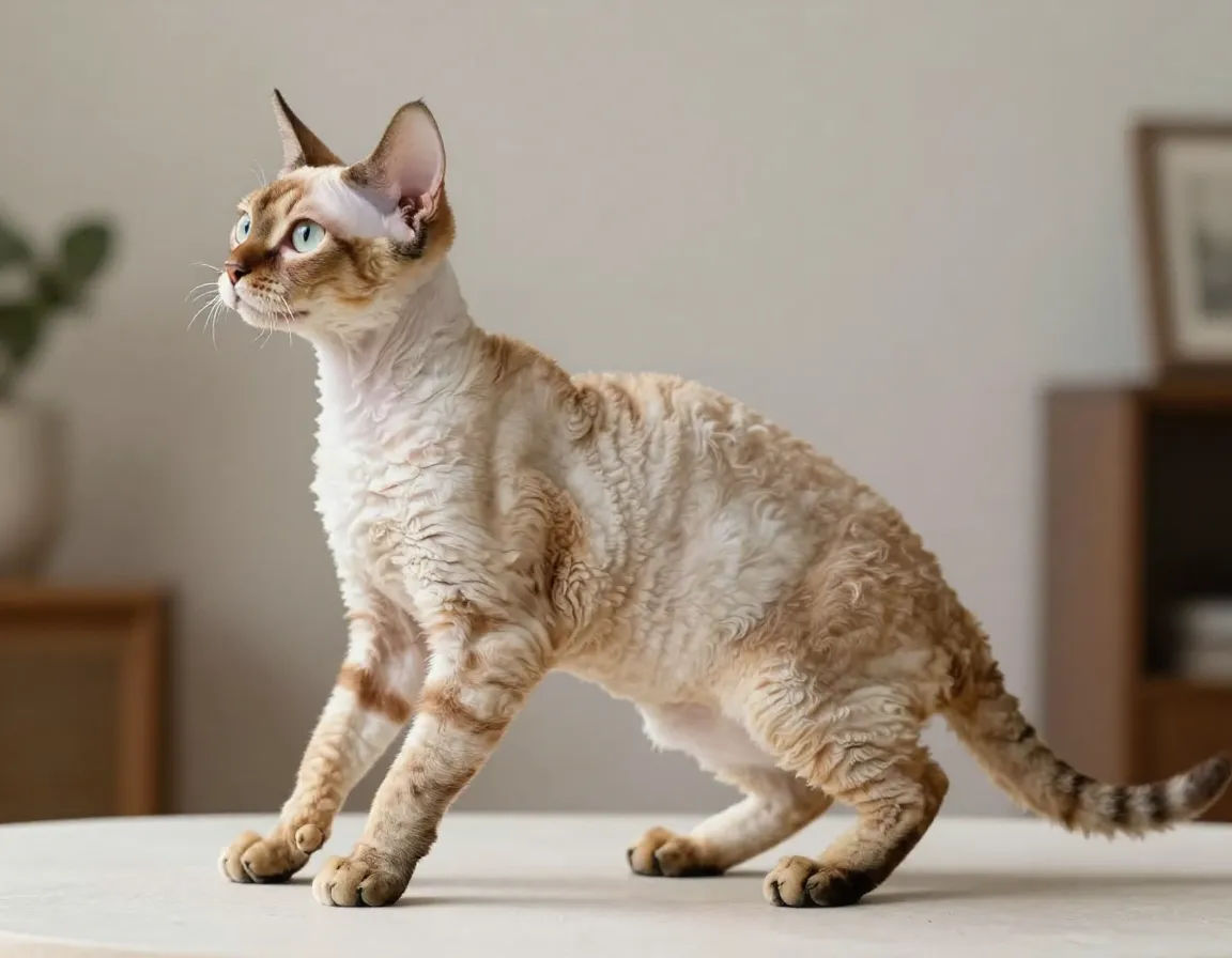 Elegant cornish rex cat with wavy coat in athletic pose