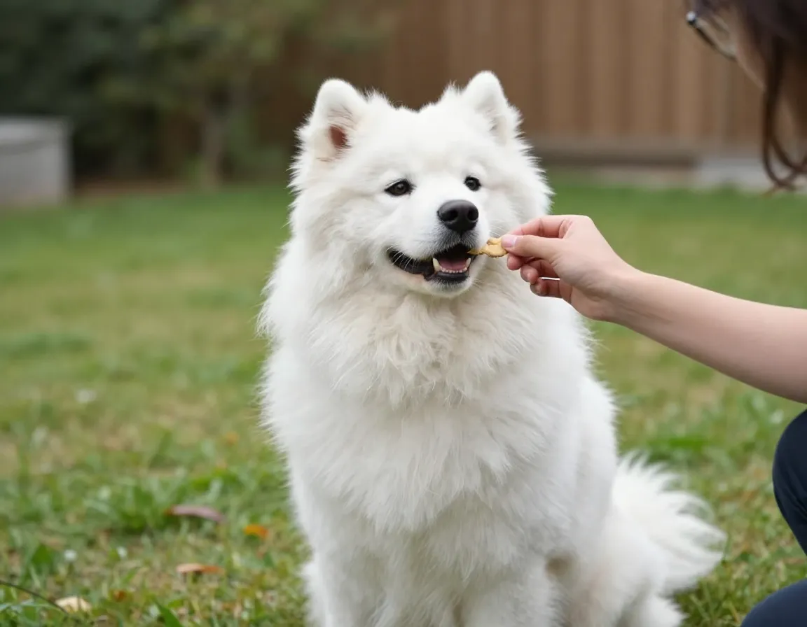 Intelligent samoyed dog in training session with owner and treat