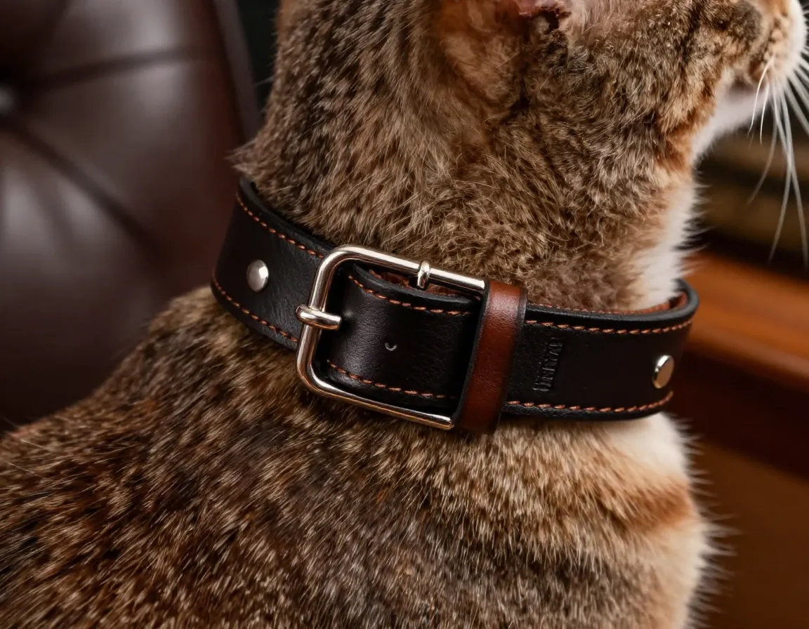 Luxury leather safety collar with magnetic clasp on a cat