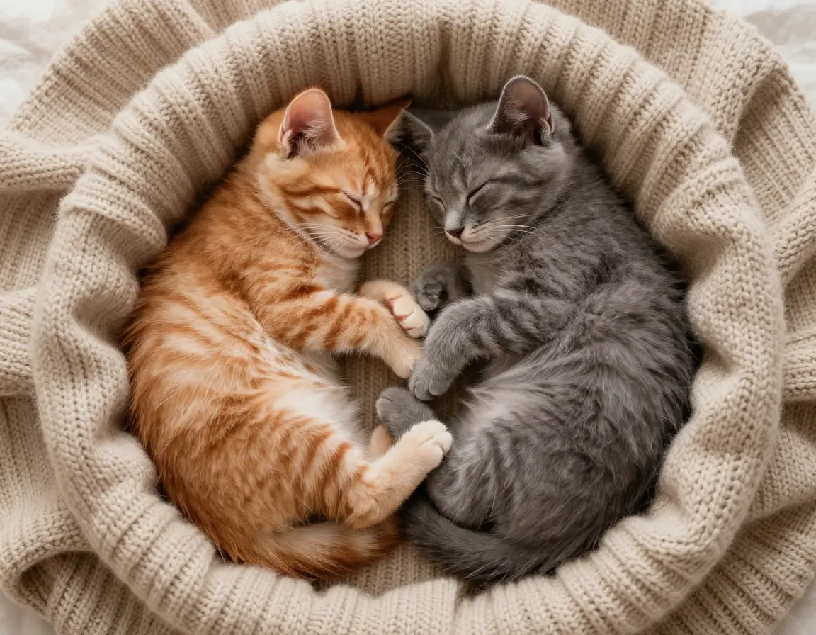 Orange gray kittens curled yin yang inside oversized sweater