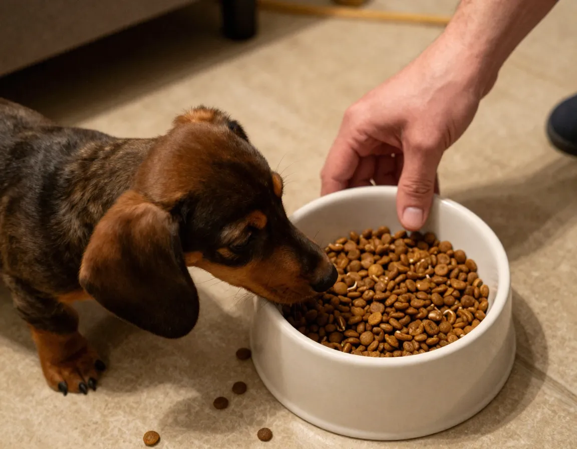 Person gently touching a dachshund puppy s bowl during mealtime to prevent resource guarding
