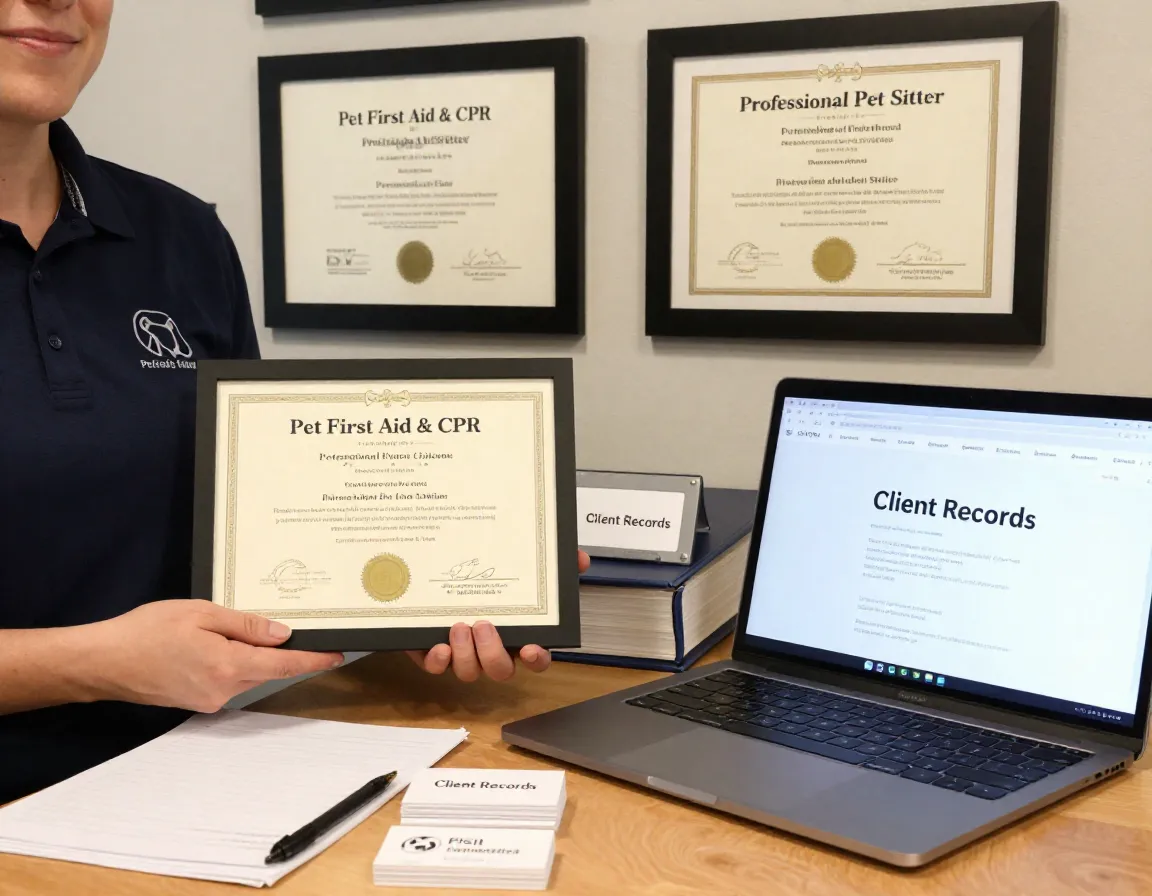 Professional growth cat sitter with certification badges and laptop