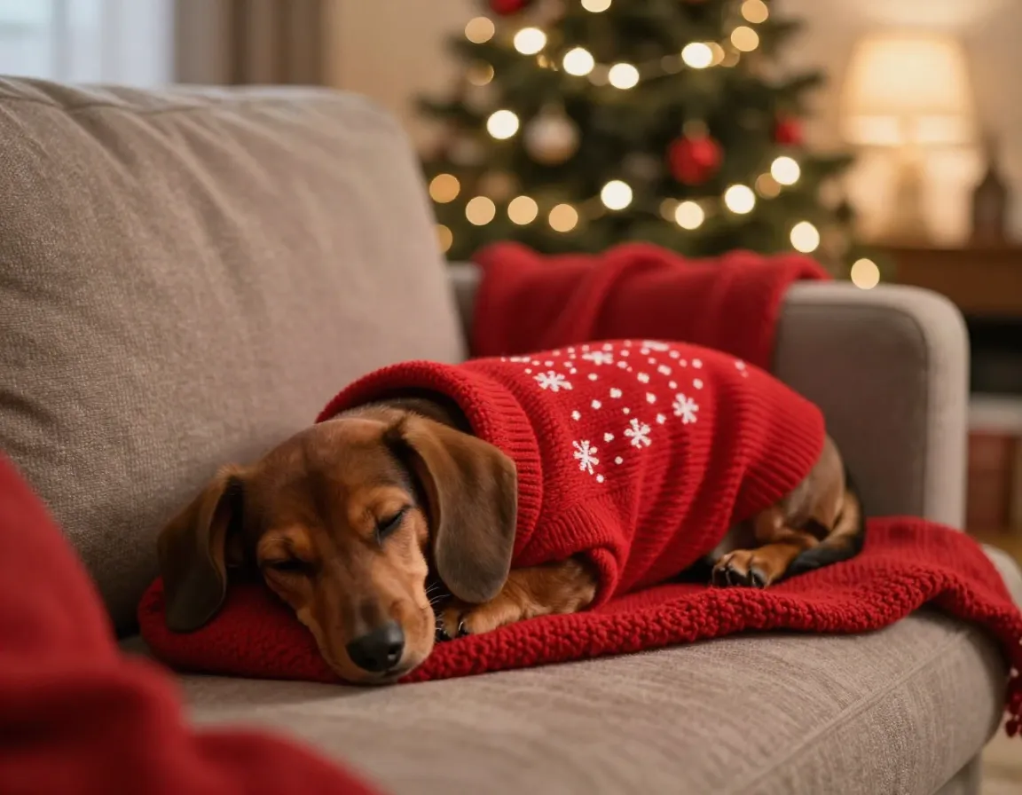 Small puppy in a simple red christmas sweater on a couch