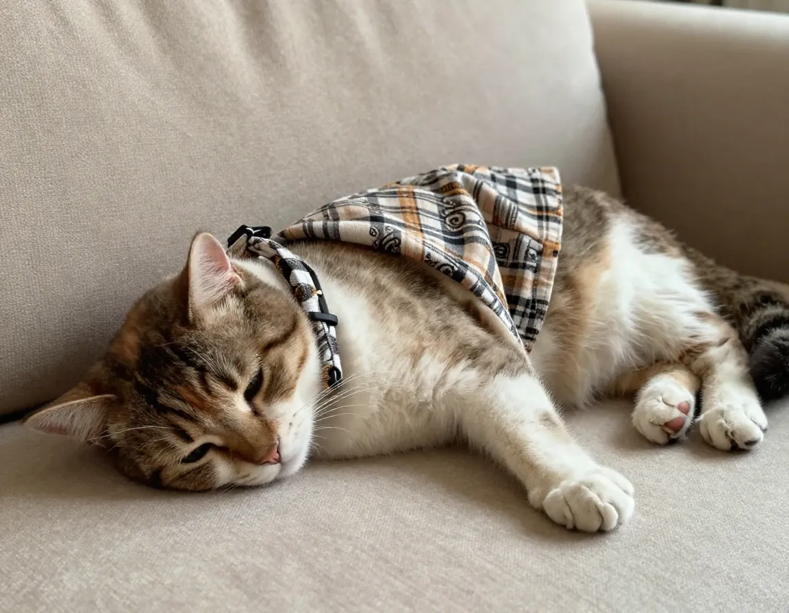 Bandana style comfort collar on a relaxed lounging cat