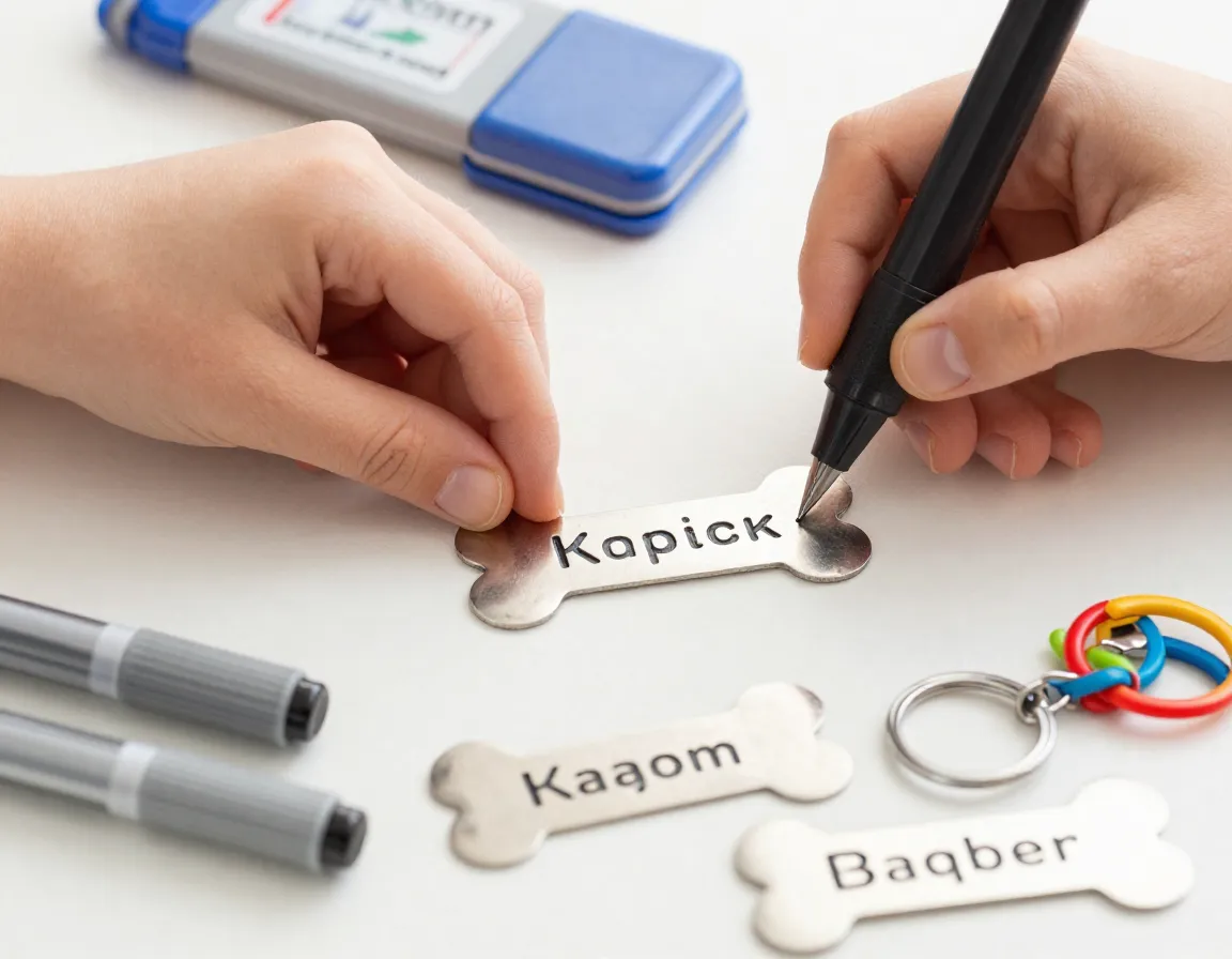 Child creating personalized bone shaped metal name tag markers stamps