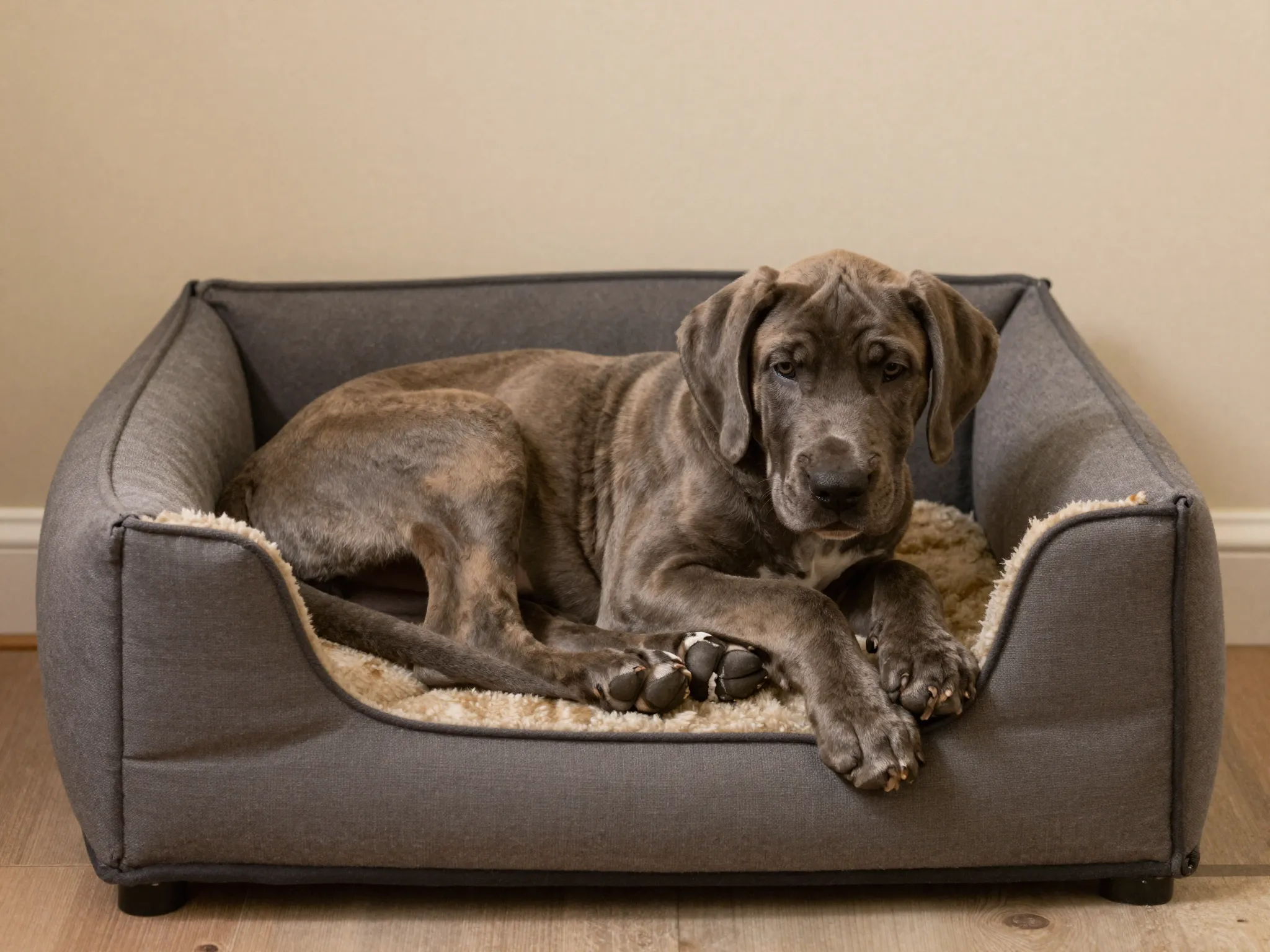 Great dane puppy trying to fit in a small dog bed