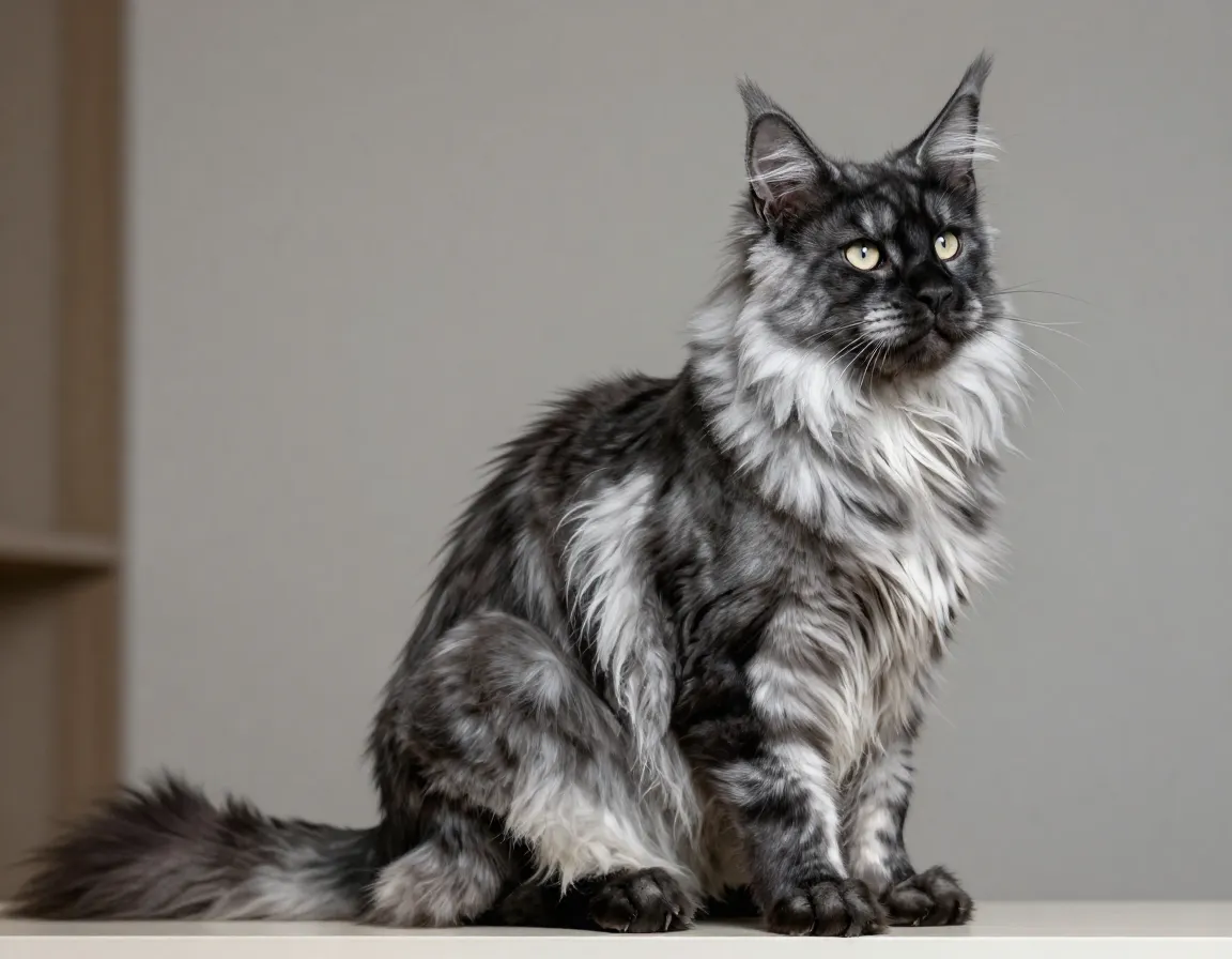 Mature maine coon silver black coat gentle wise expression