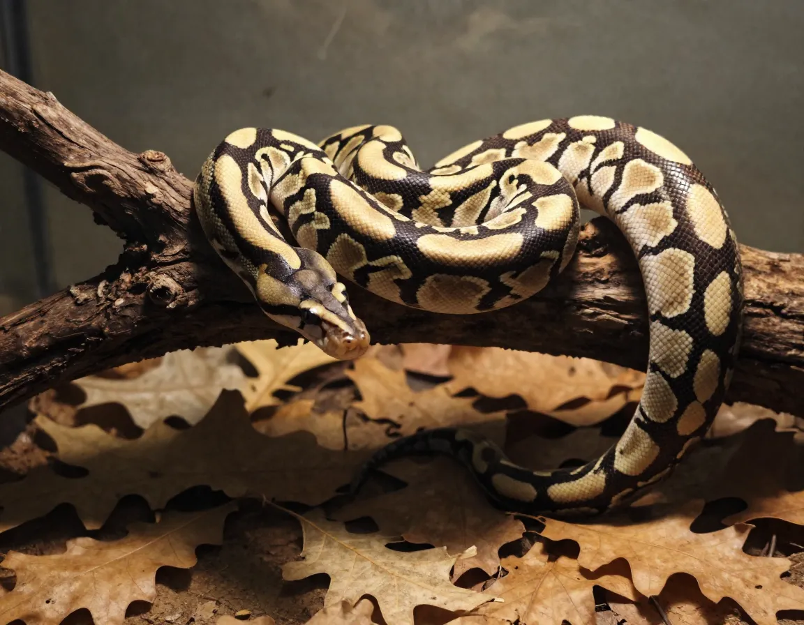 Spider ball python tan webbed pattern draped over wood branch