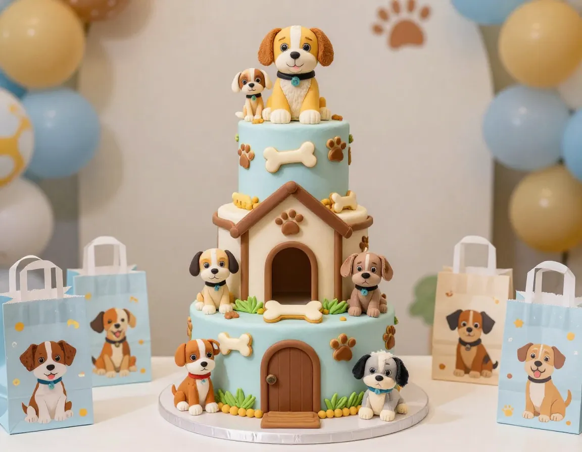 Puppy themed multi tier cake plush puppies dog house fondant party