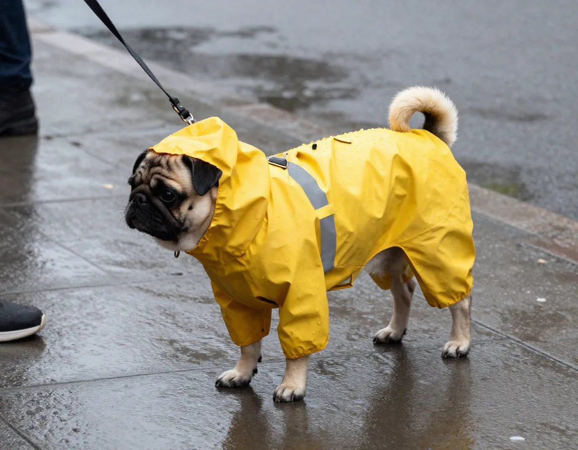 Small dog in a yellow waterproof raincoat on a rainy street