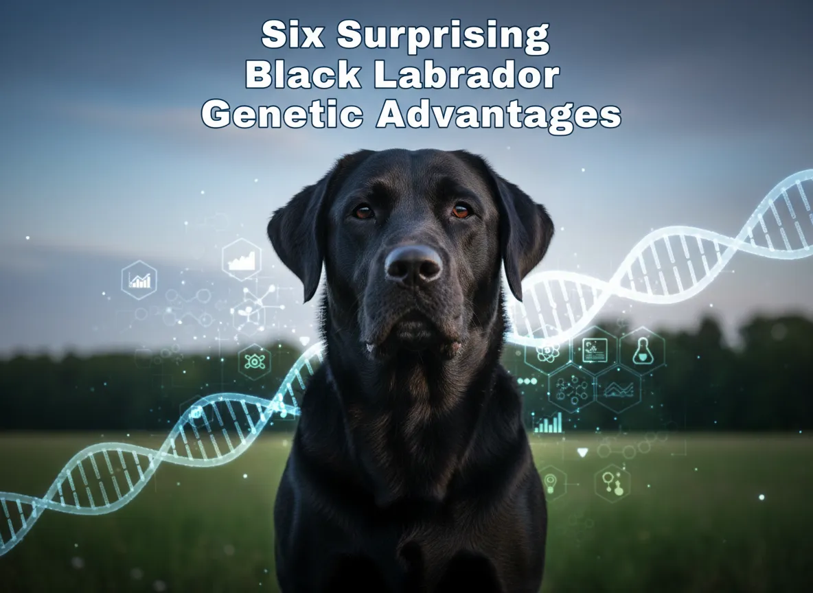 Black lab with genetic icons heroic low angle scientific cover image